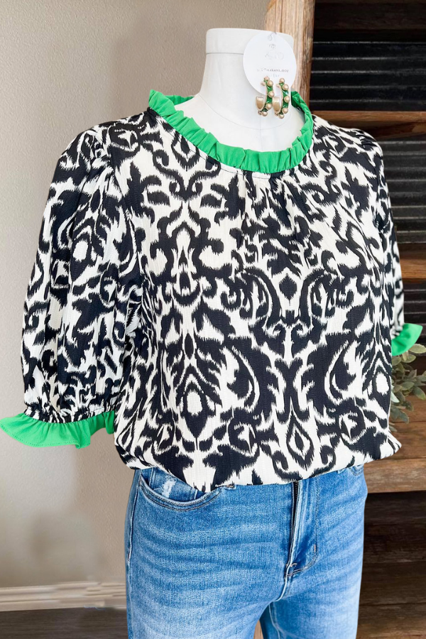 Black Abstract Ruffled Blouse