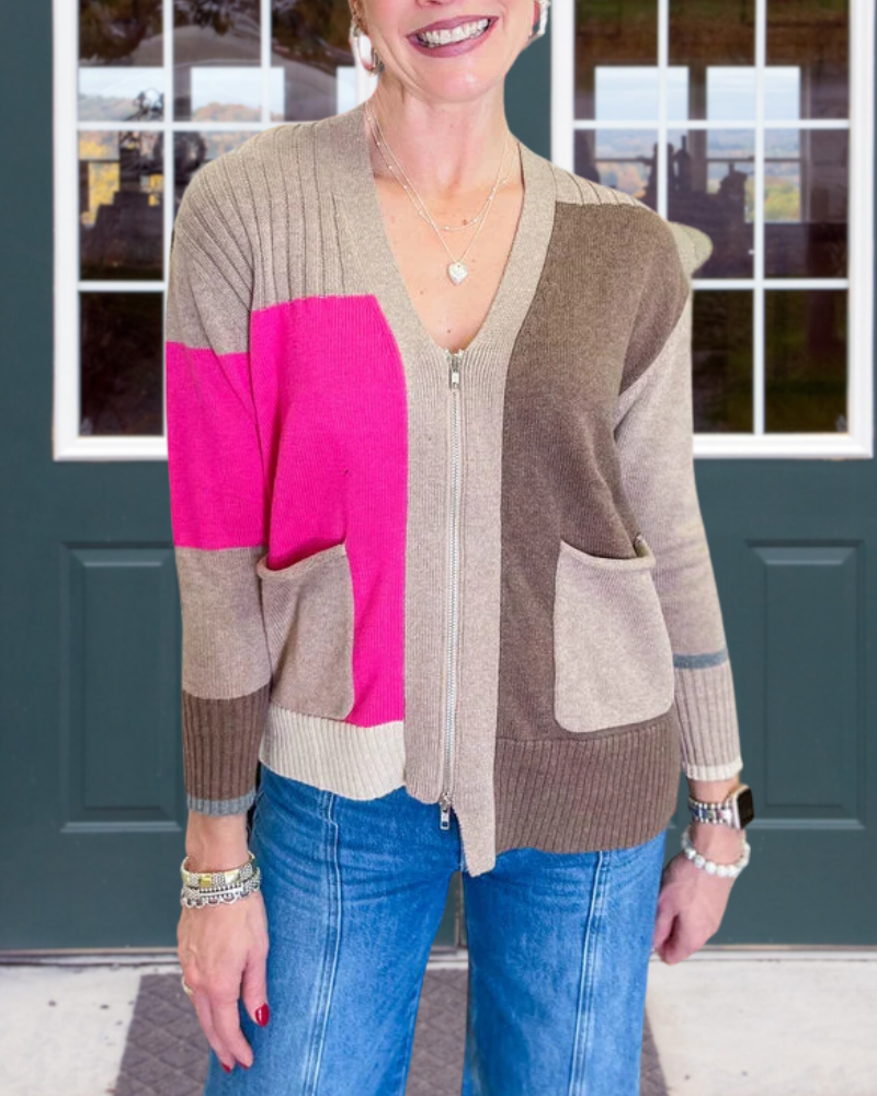 Irregular Colorblock Zipper Cardigan