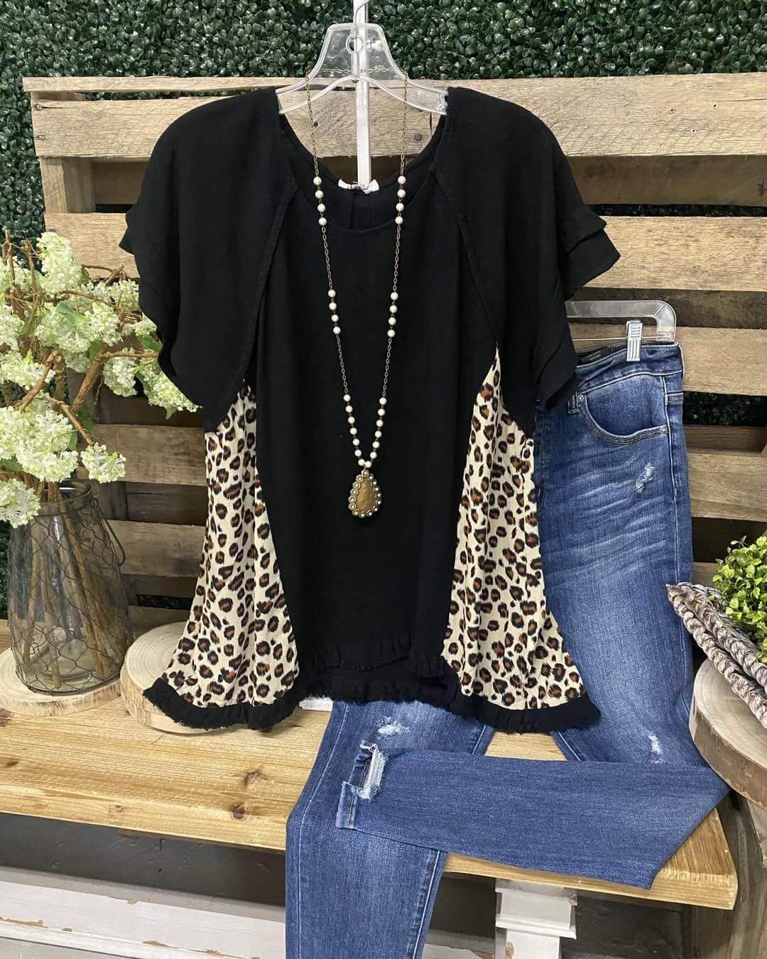 Ruffled Leopard Panel T-shirt