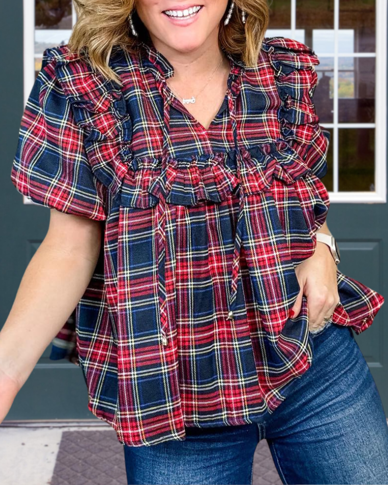 Classic Plaid Ruffle V-Neck Top