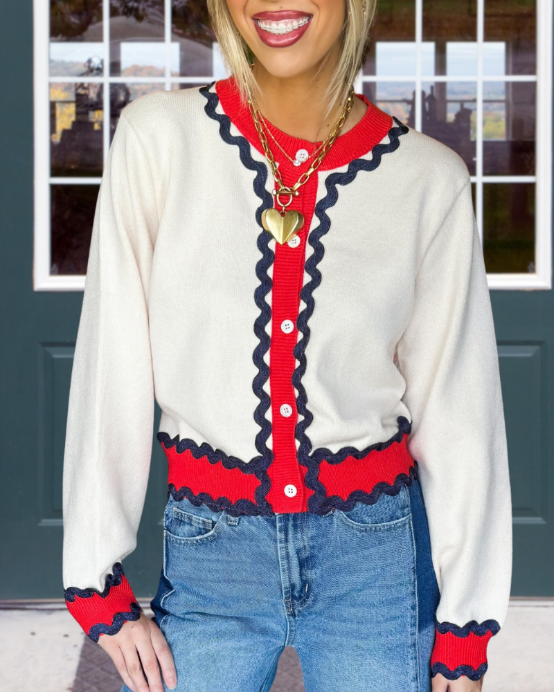 Wave Embellished Ribbed Cardigan Sweater