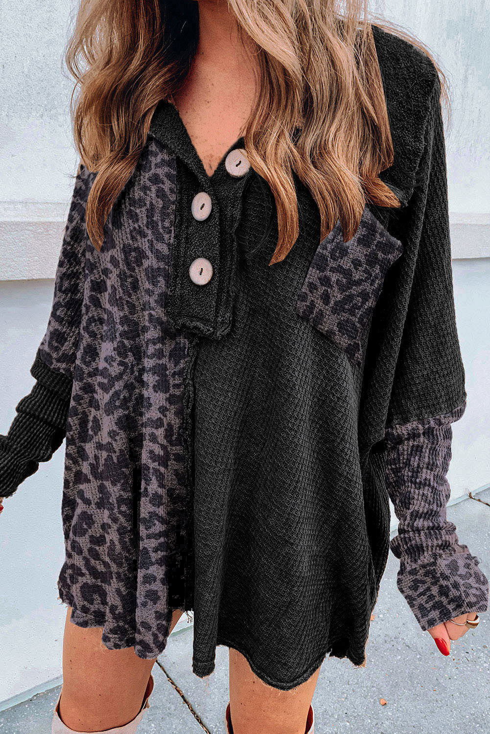 Leopard Patchwork Waffle Knit Blouse