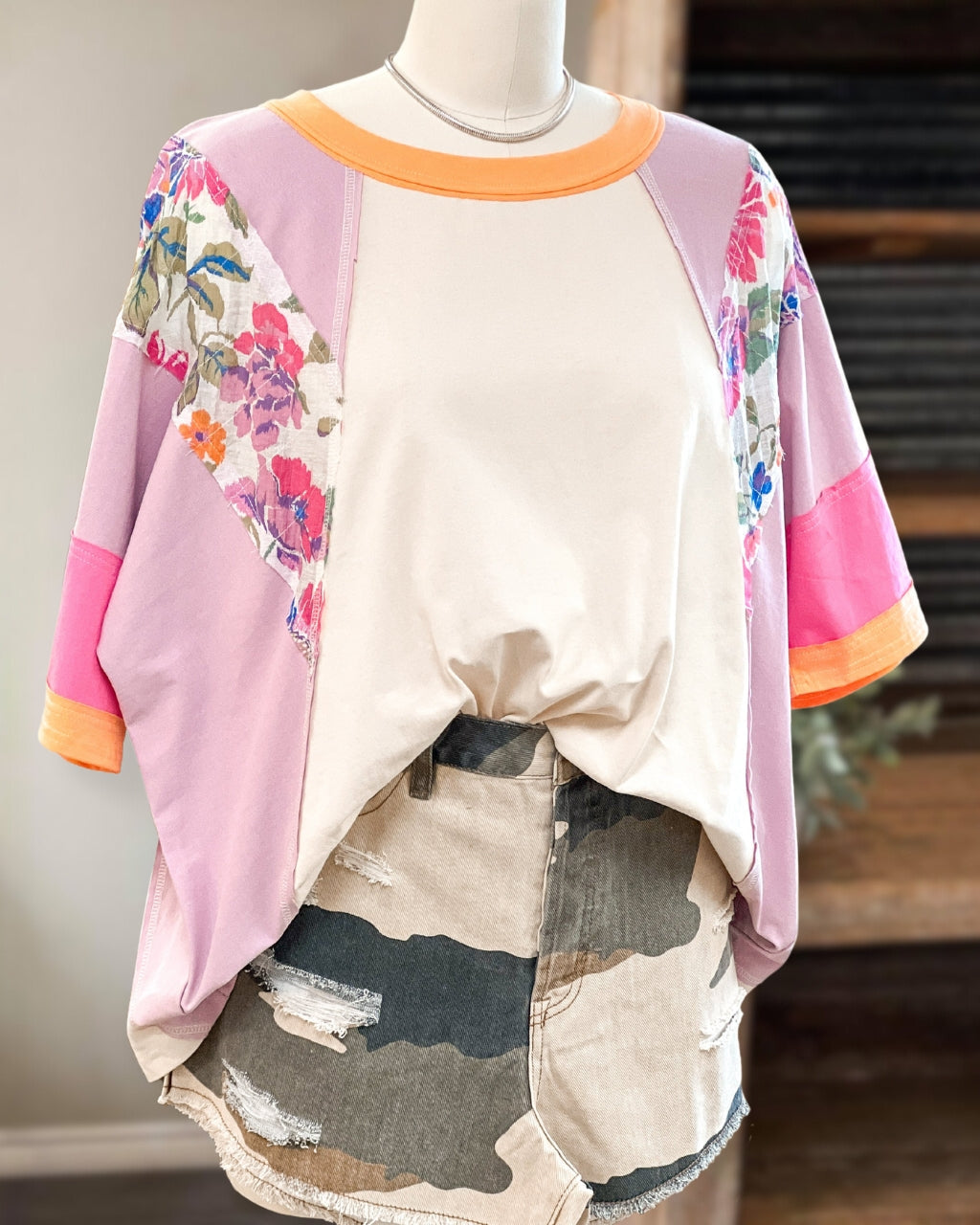 Floral Seams Color Block Oversize Tee