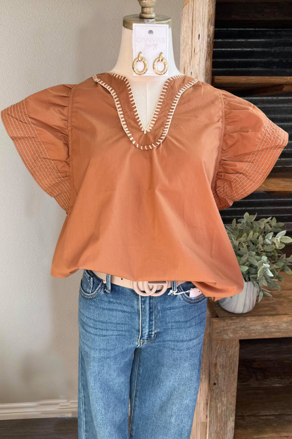 Ruffle Sleeves Stitched V-Neck Top