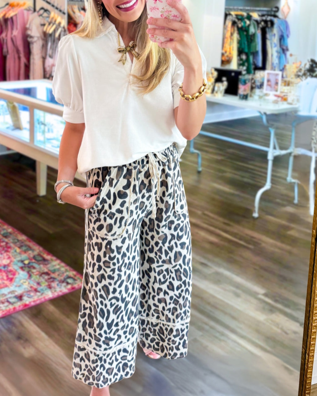 Leopard Print Terry Wide Leg Pants