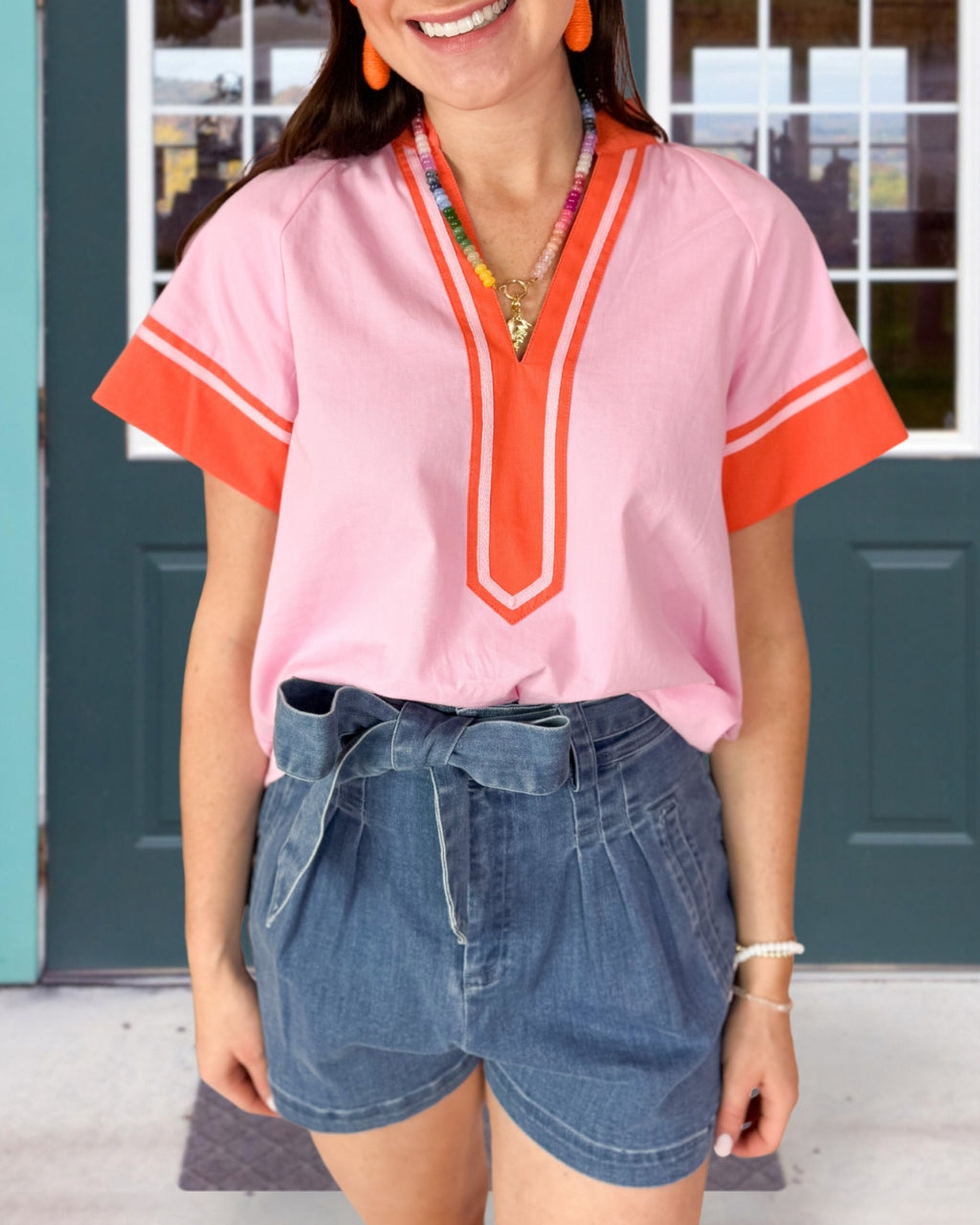 Poplin Orange&Pink Colorblock Top