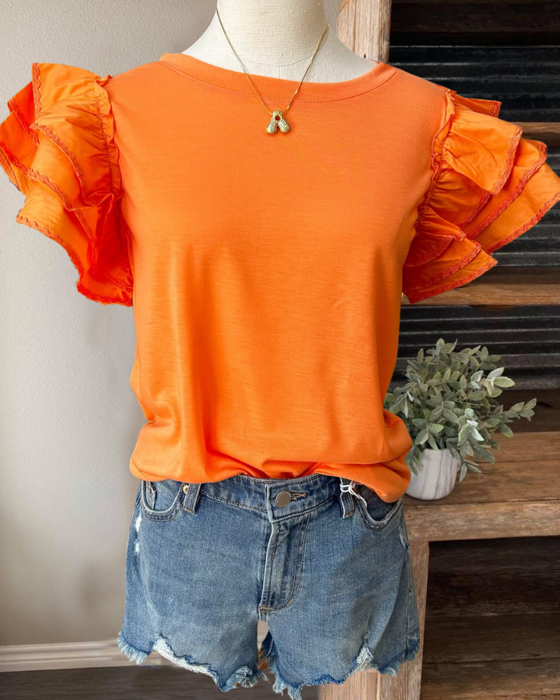 Orange Flutter Ruffle Sleeve Top