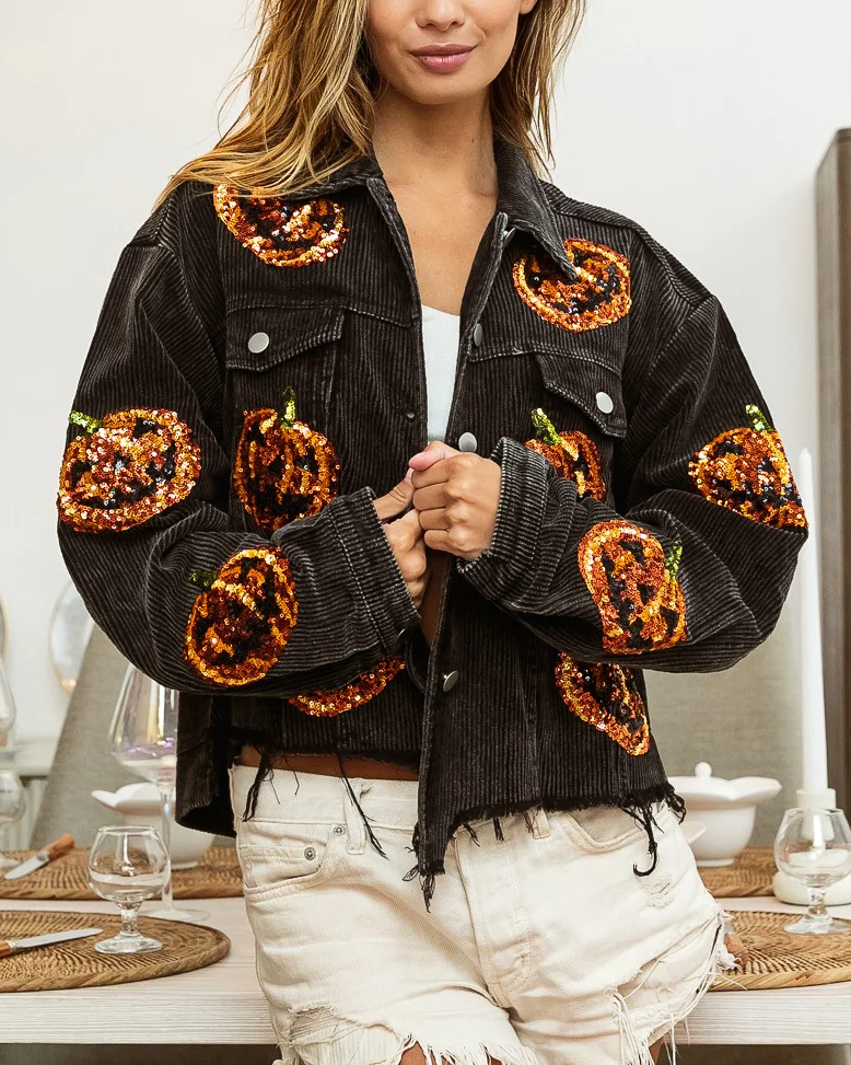 Halloween Pumpkin Sequin Washed Jacket