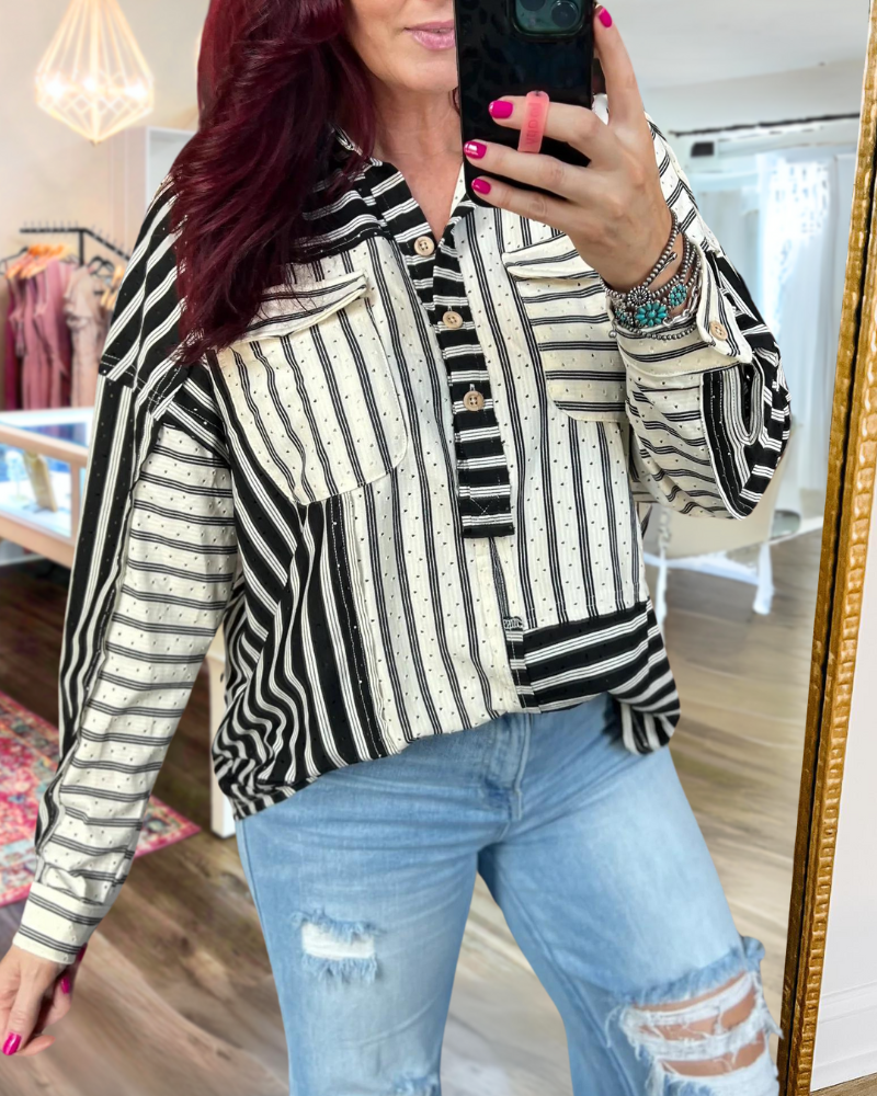 Patchwork Textured Striped Collared Top