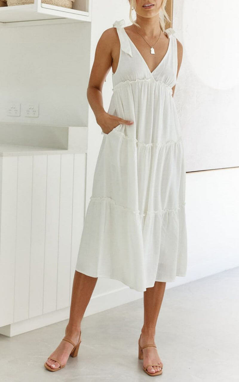 Elegant Linen V-Neck Tie Dress