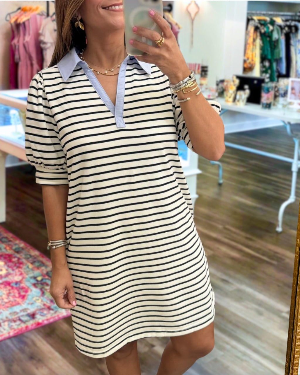 Striped Collared Neck Mini Dress