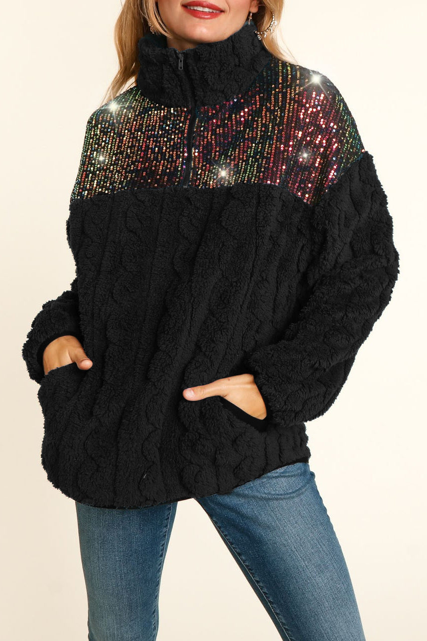 Sequined Textured Plush Pullover