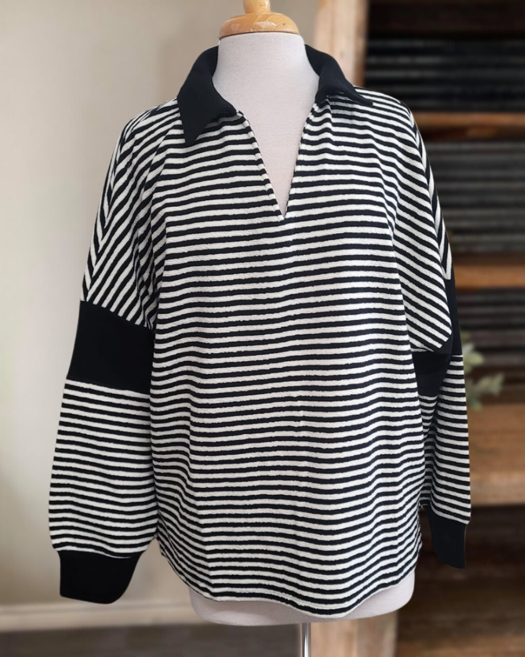 Patch Sleeve Stripe Pullover