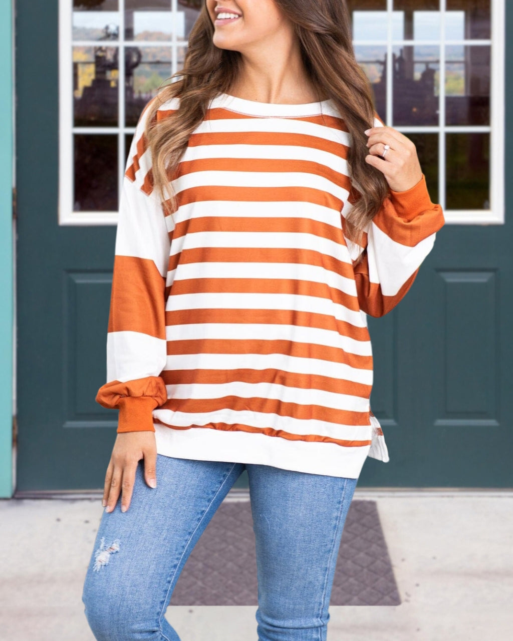 Drop Shoulder Colorblock Striped Pullover