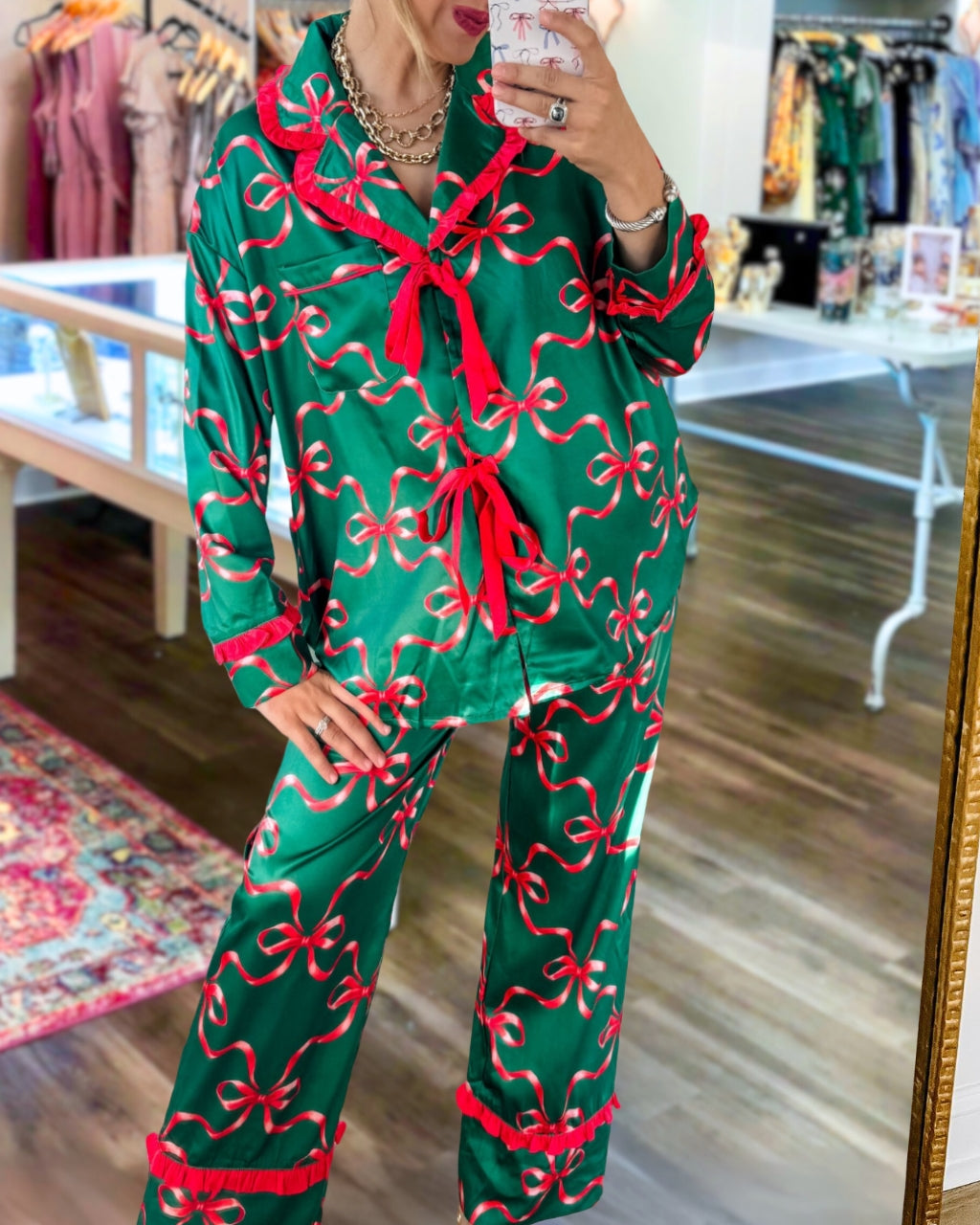 Christmas Ribbon Bow Satin Pajamas Set