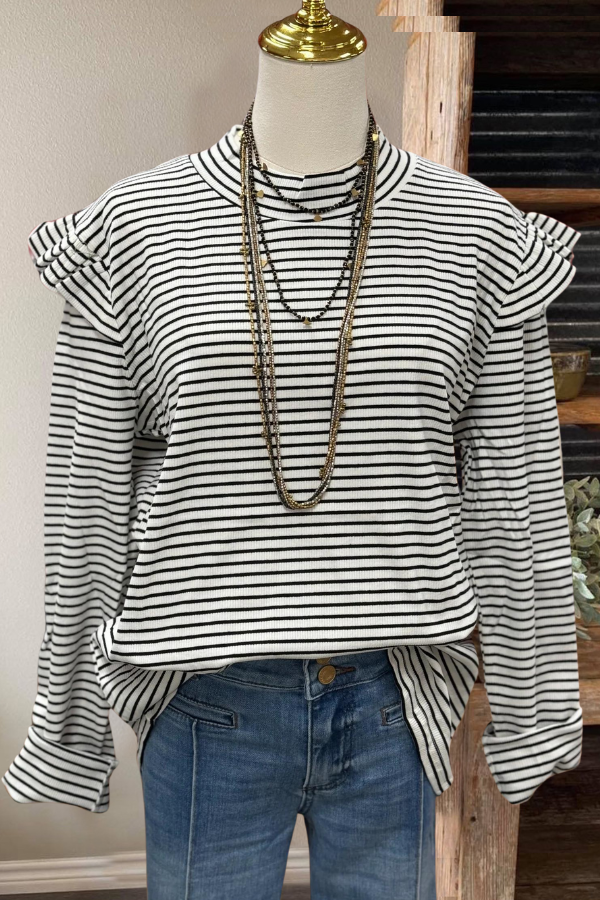 Ruffled Sleeve Striped Pullover