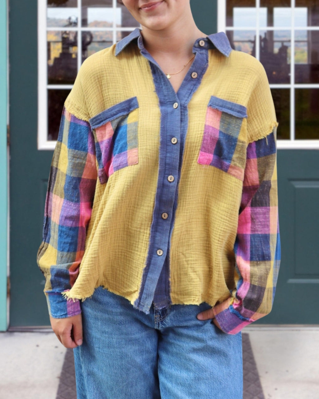 Plaid Patch Colorblock Shirt