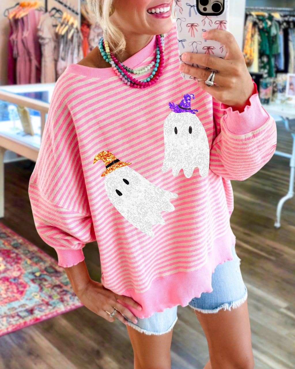 Sequin Ghost Striped Pullover
