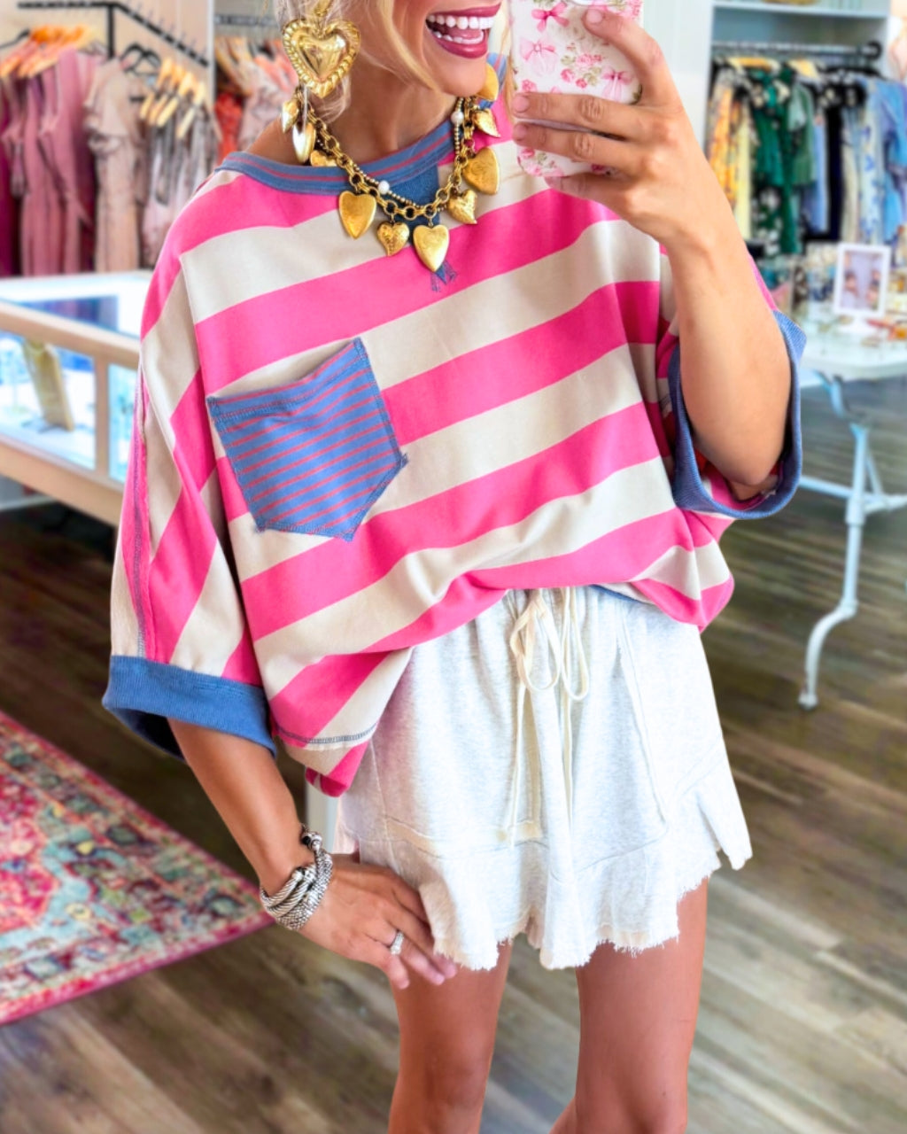 Stripe Pocket Relaxed Tee in Pink