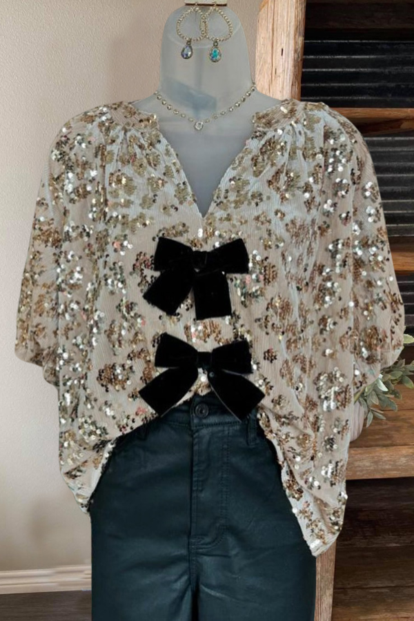 Bow Sequined V-Neck Top