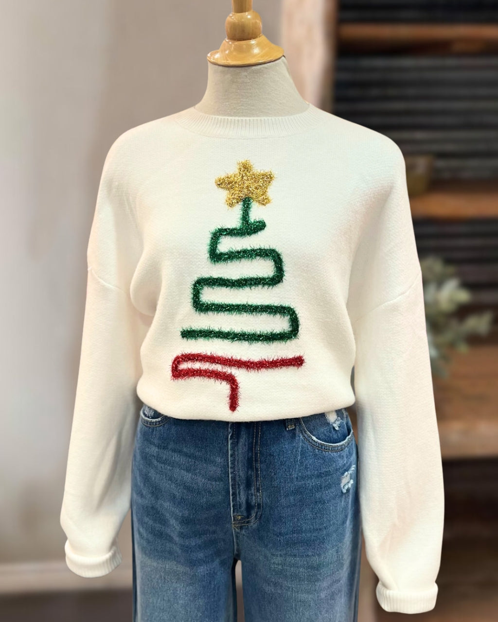 Christmas Tree Line Embroidered Pullover
