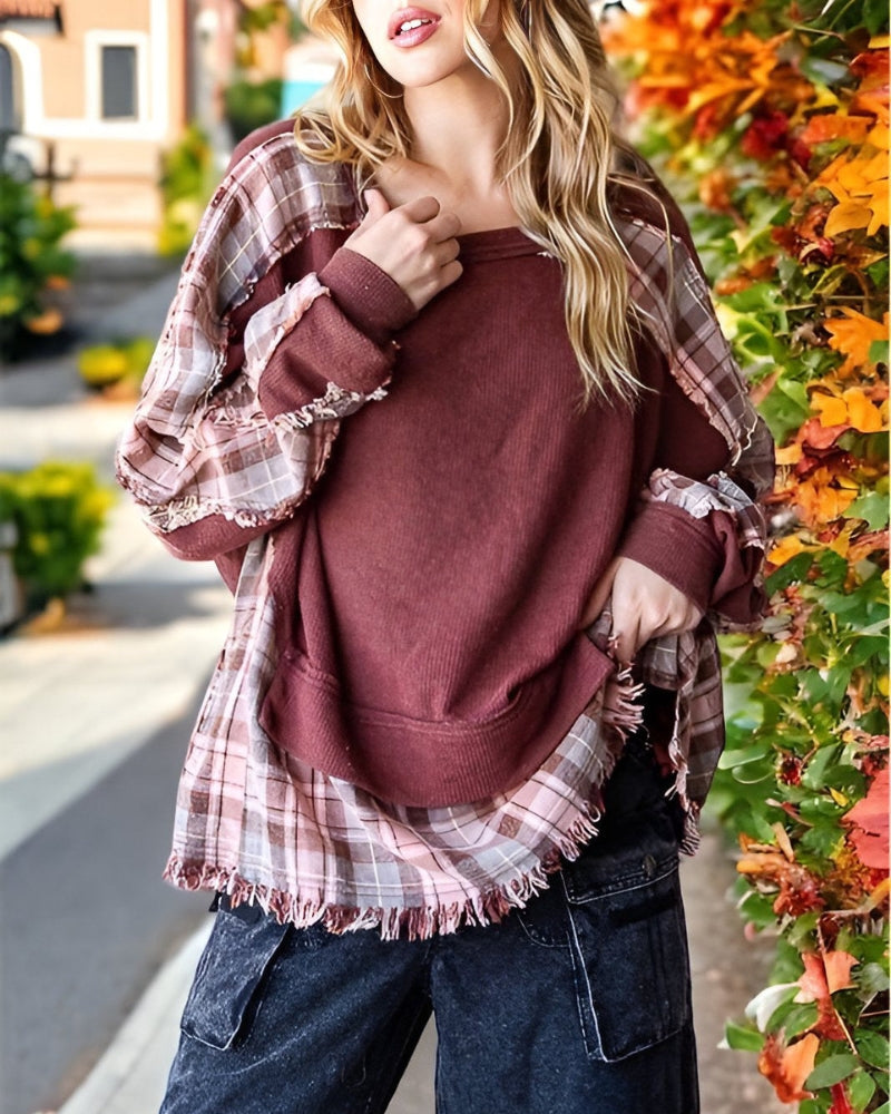 Patchwork Plaid & Waffle Knit Pullover