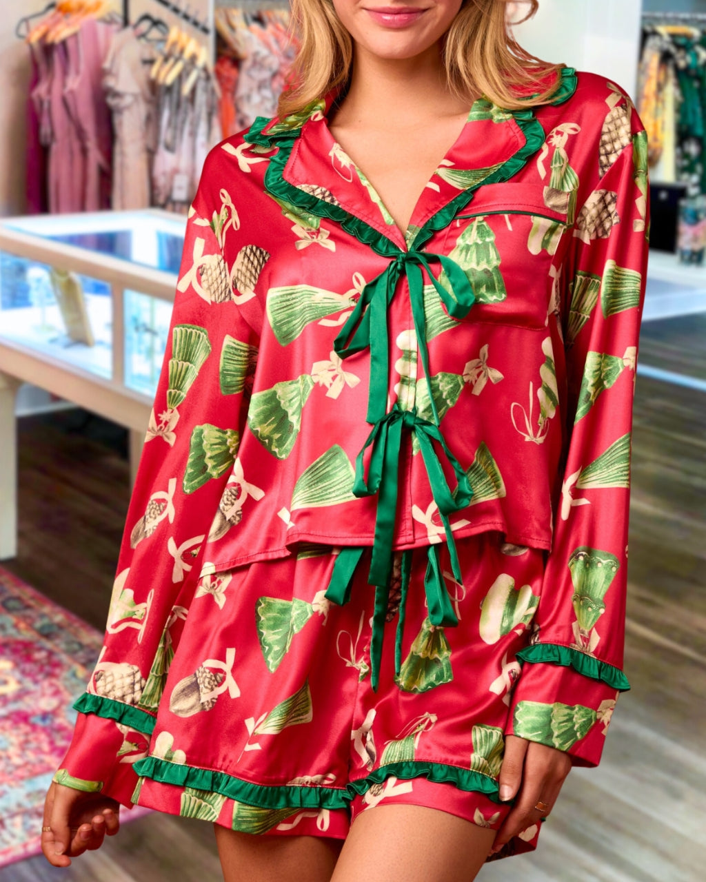 Ribbon Christmas Tree Satin Pajama Set