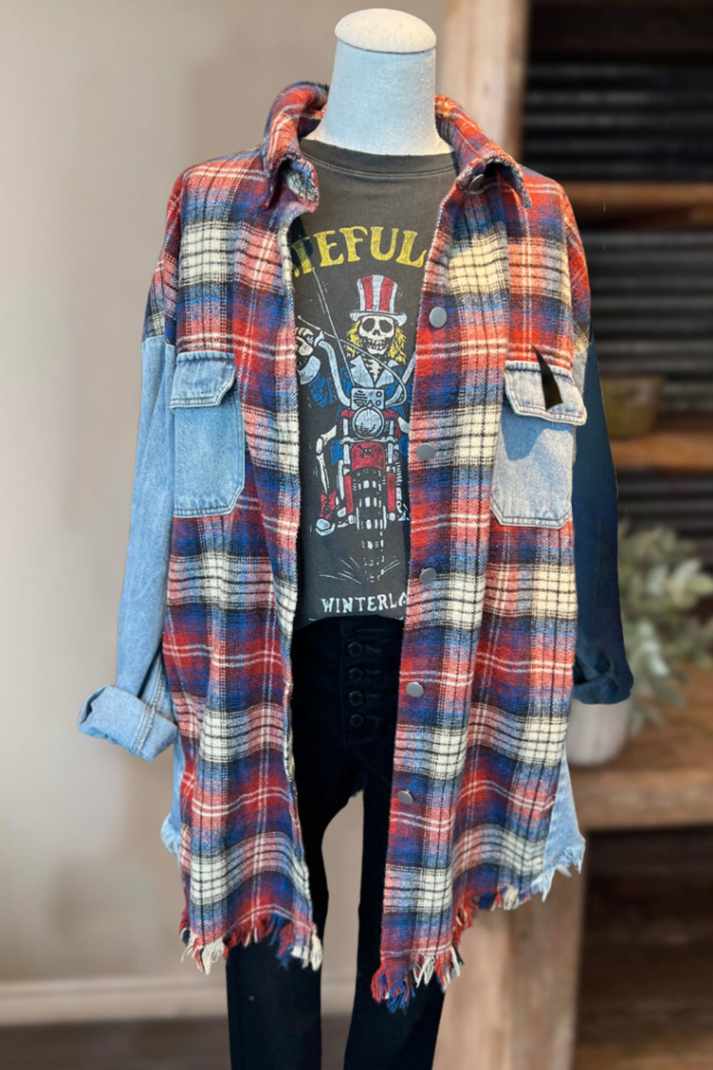 Denim&Plaid Patchwork Oversize Shacket