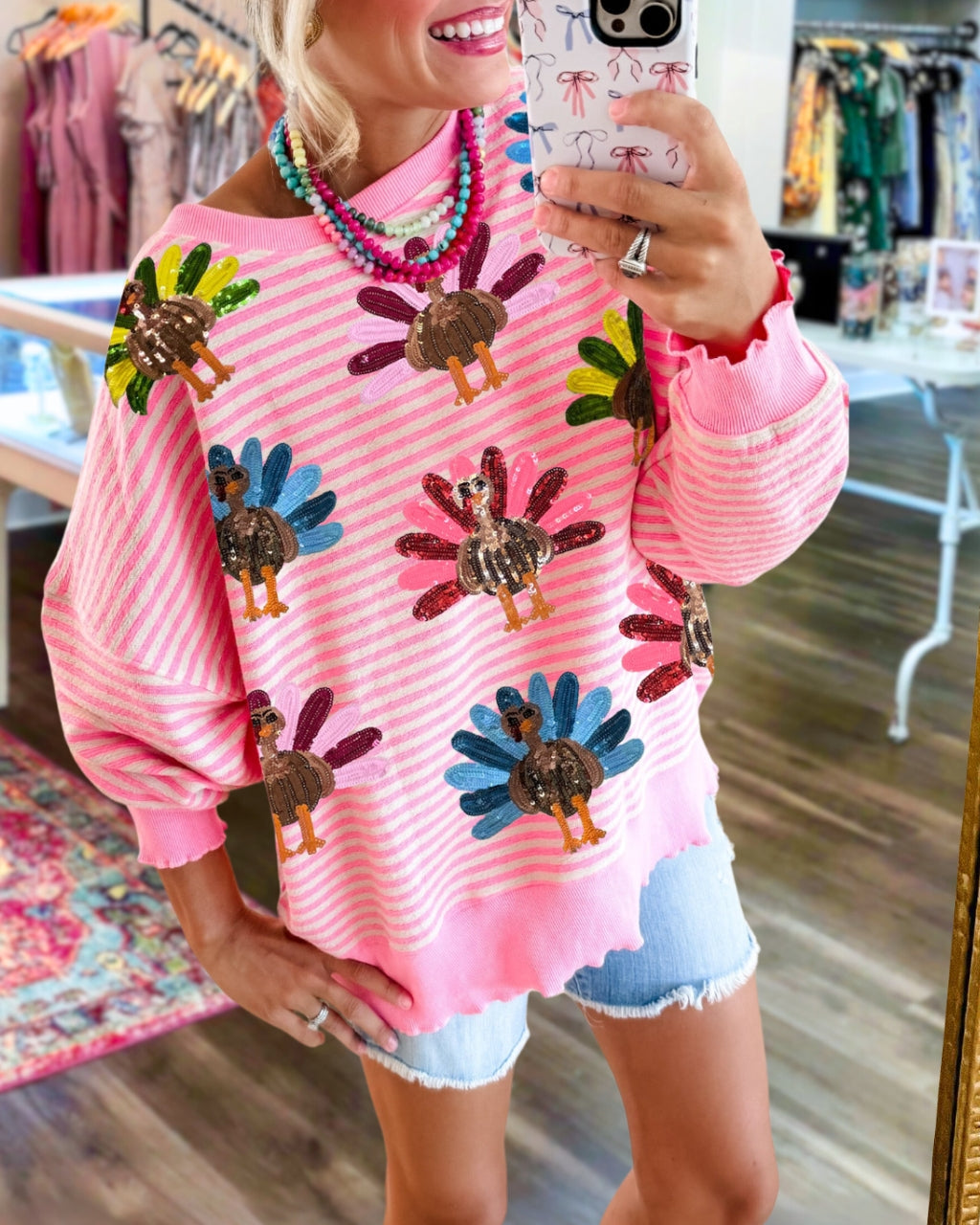 Colorful Turkey Sequin Stripe Sweatshirt