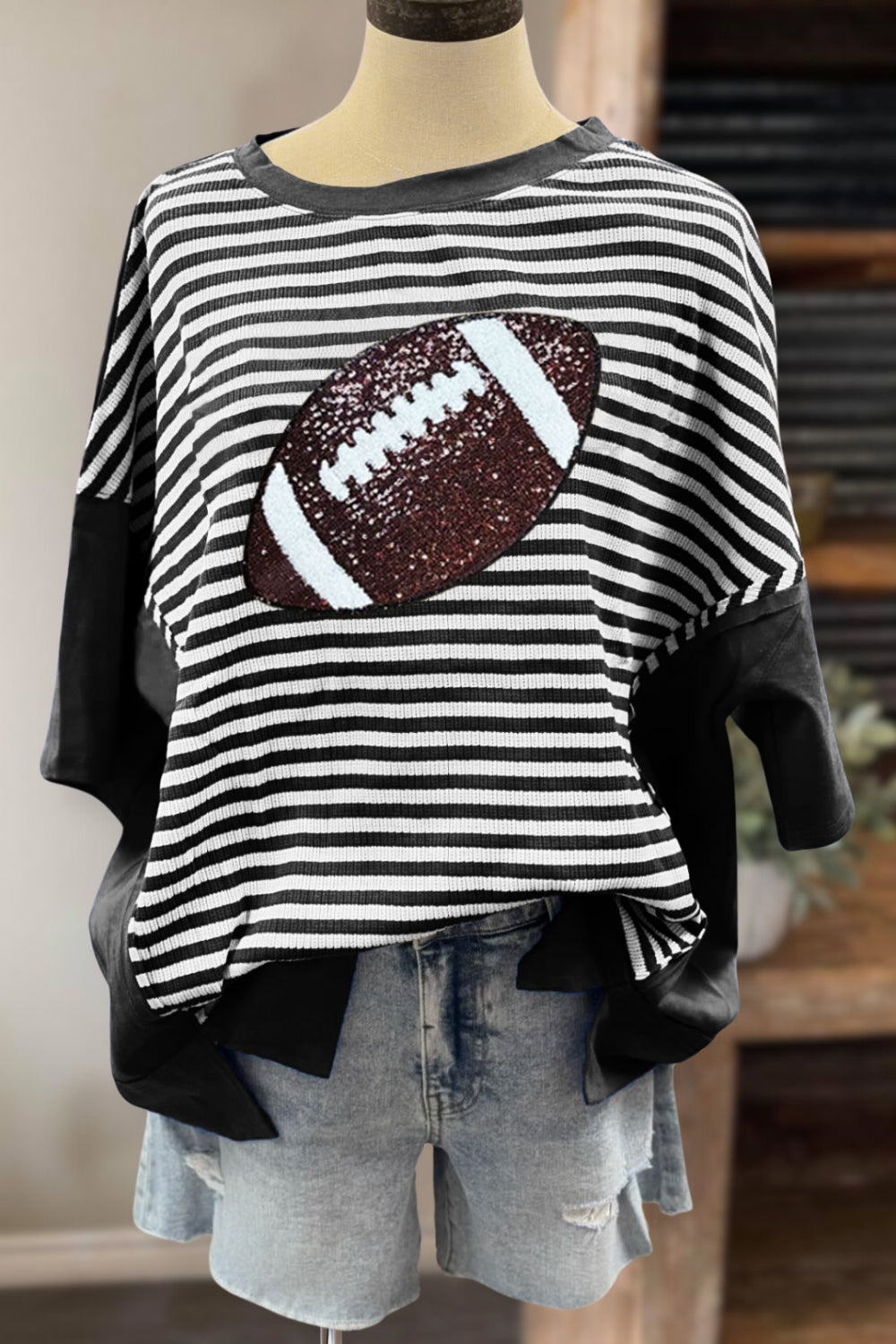 Glittery Football Striped Oversized Tee