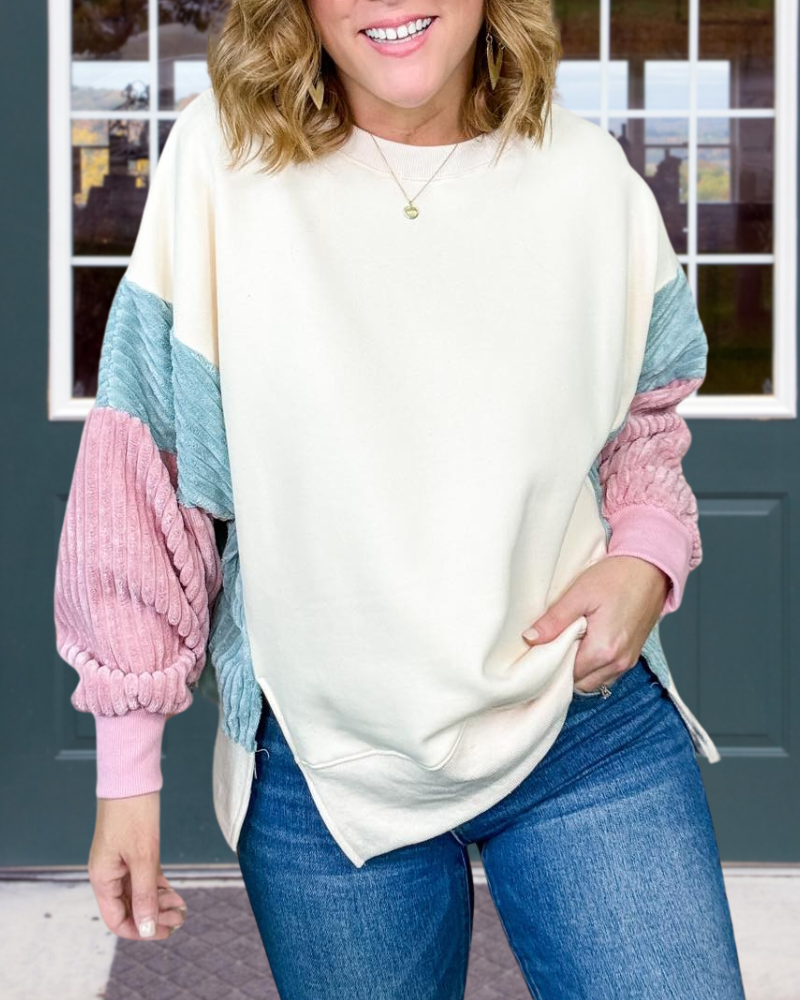 Colorblock Striped Slit Pullover