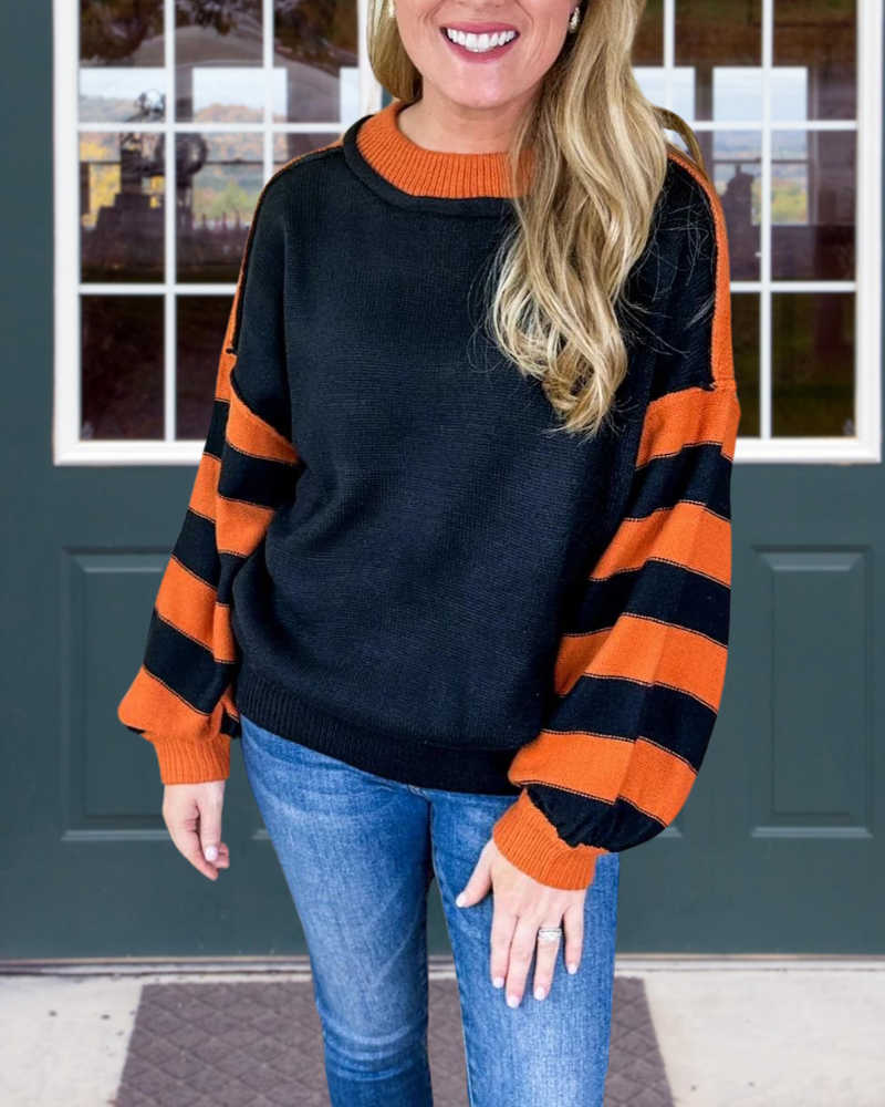 Striped Sleeve Contrast Ribbed Sweater