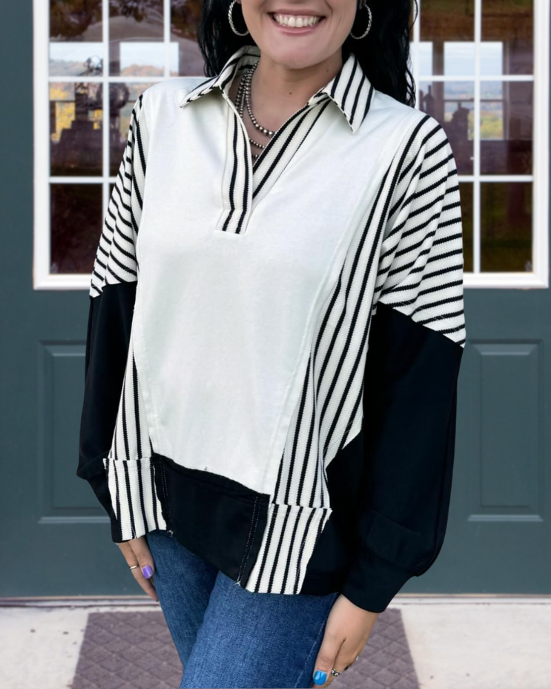 Polo Collar Cotton Striped Pullover