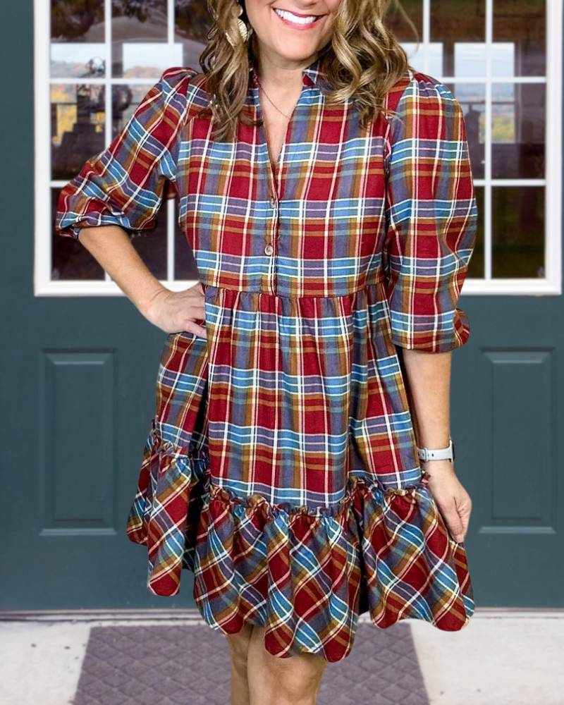 Classic Plaid Patchwork V-neck Dress