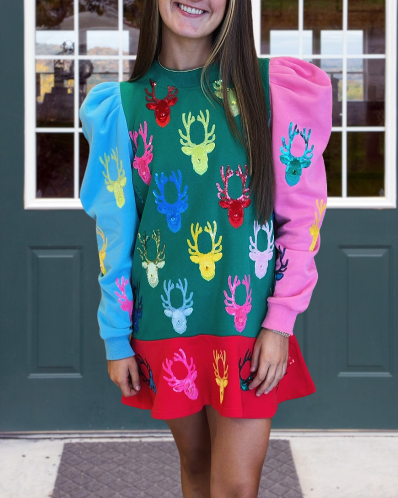 Colorblock Christmas Deer Sequined Mini Dress