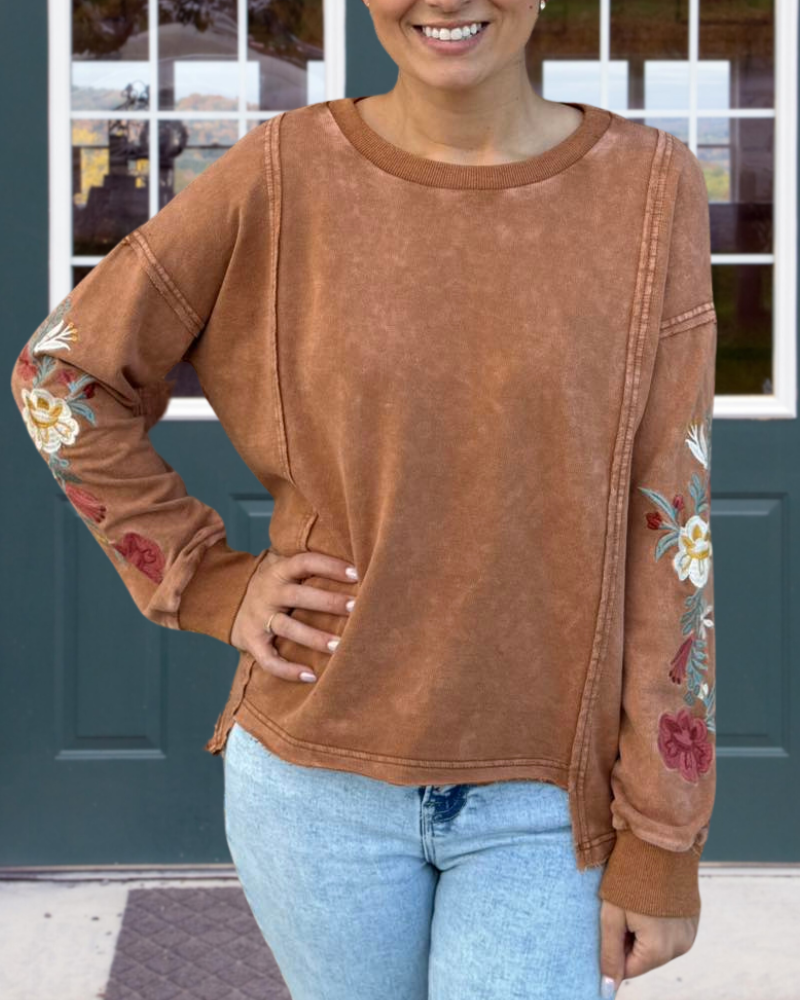 Floral Embroidered Washed Distressed Sweatshirt