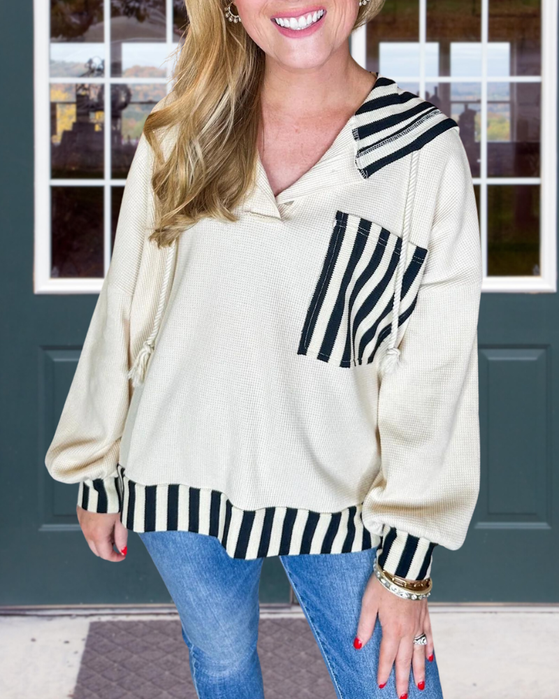 Loose Waffle Stripe Trim Hoodie