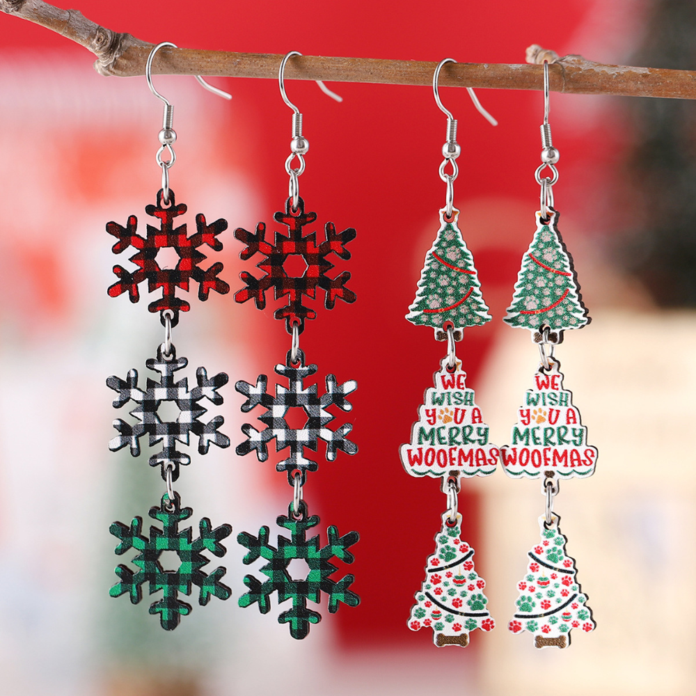 Christmas Tree Plaid Snowflake Earrings