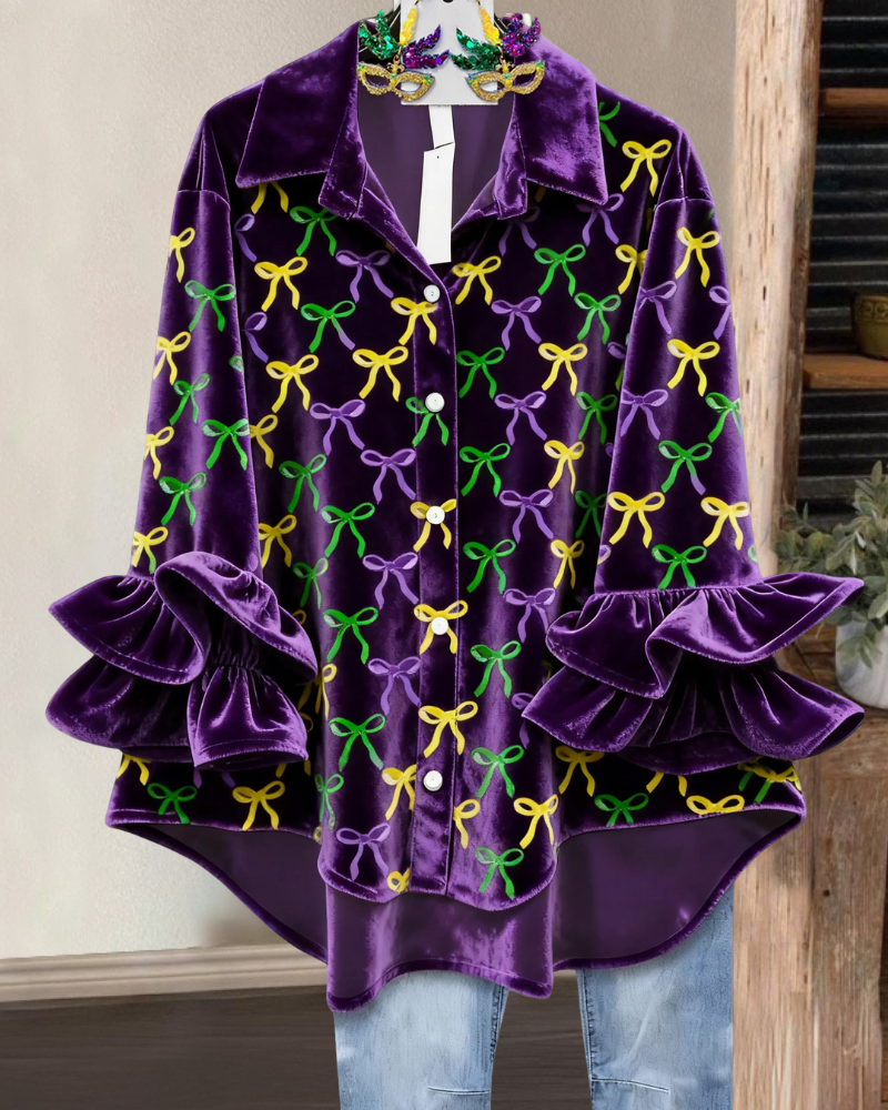 Chic Bow Ruffled Velvet Blouse