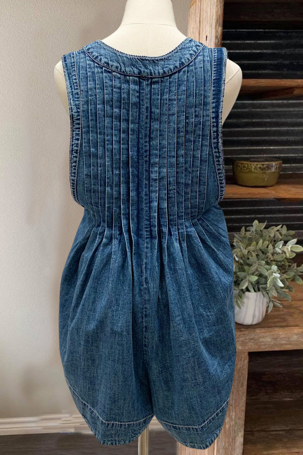 Pleated Detail Denim Mini Romper