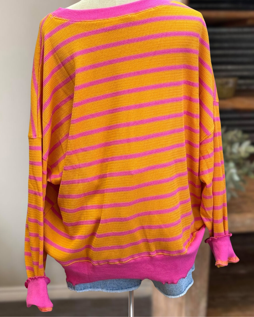 Contrast Stripe Waffle Pullover