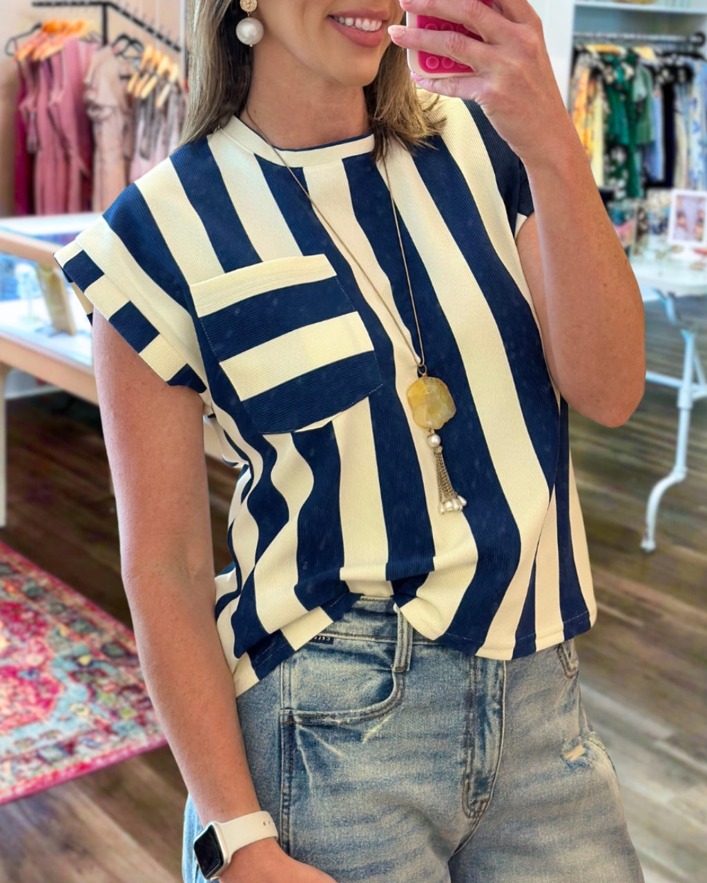 Round Neck Pocket Stripe Top