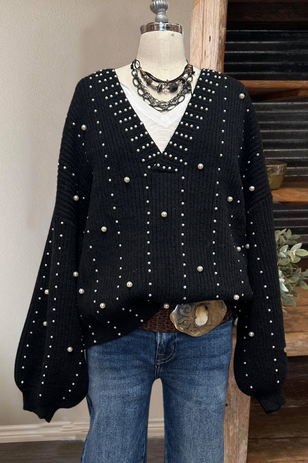 Beaded Knitted V-neck Sweater