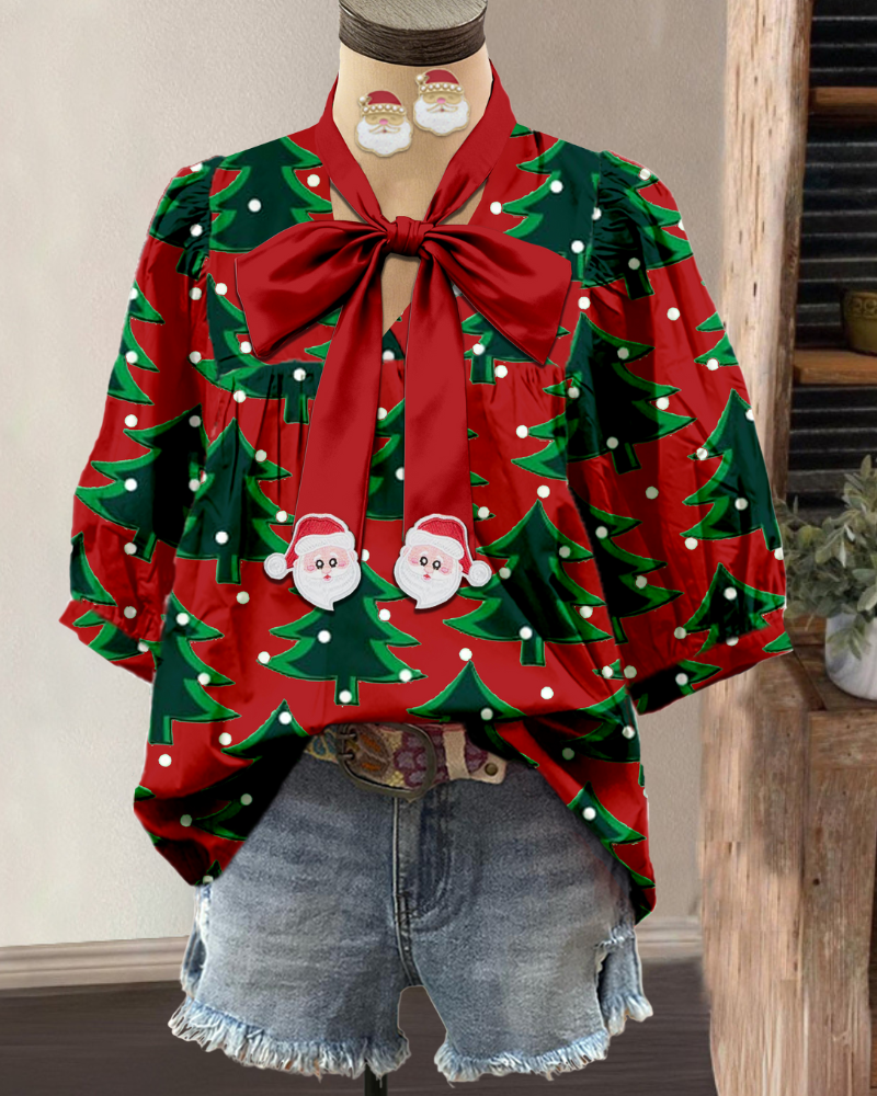 Christmas Tree Bow Satin Top