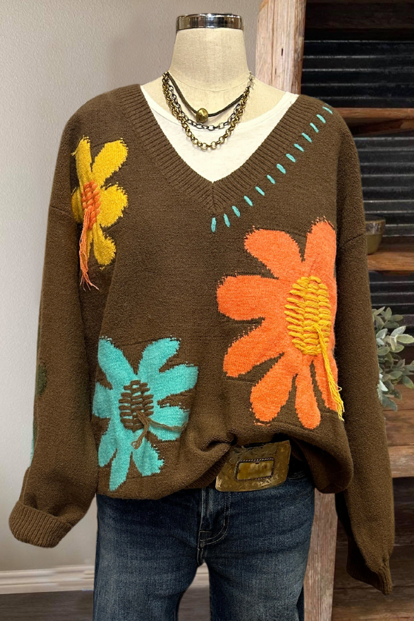 Large Flower V-Neck Sweater