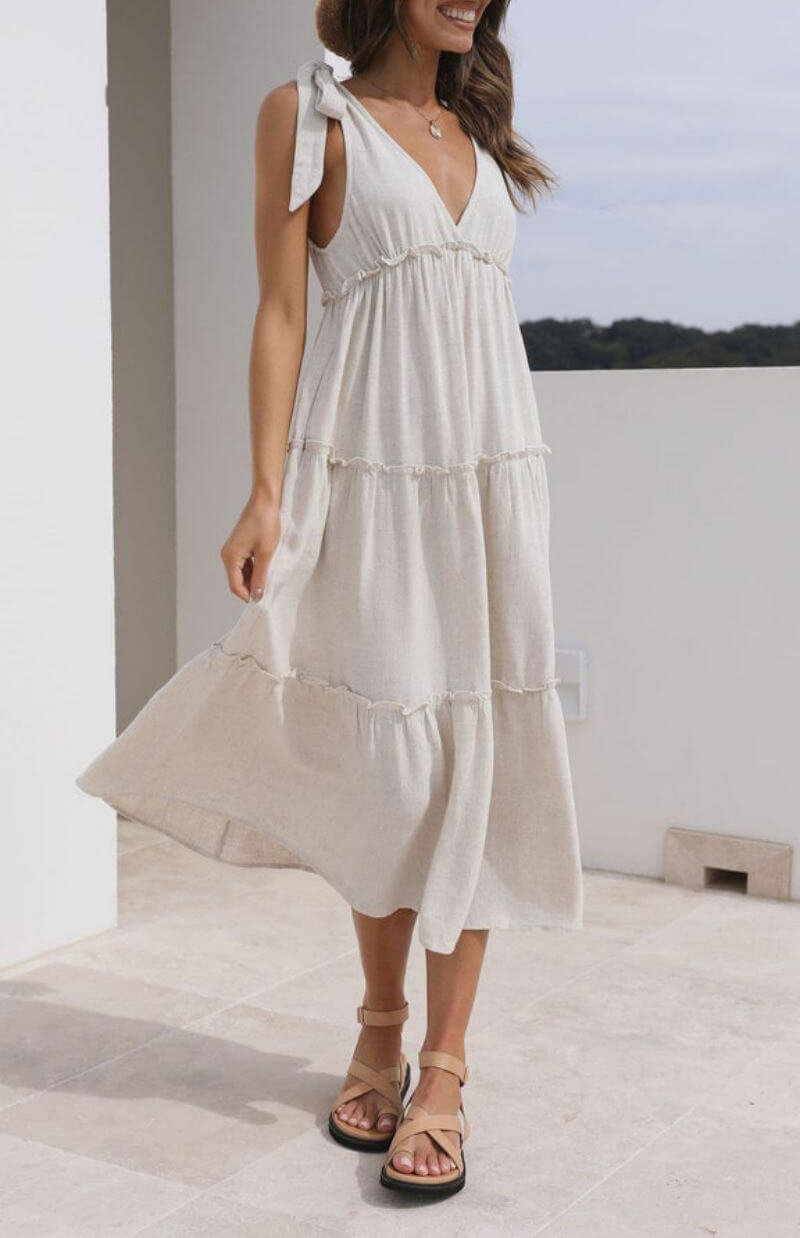 Elegant Linen V-Neck Tie Dress