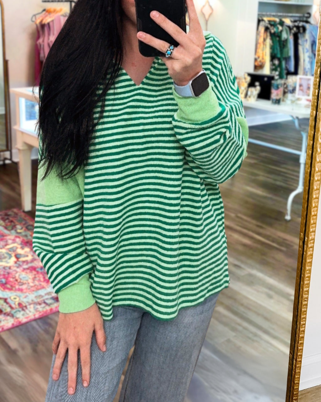 Lapel Striped Sweatshirt-Green