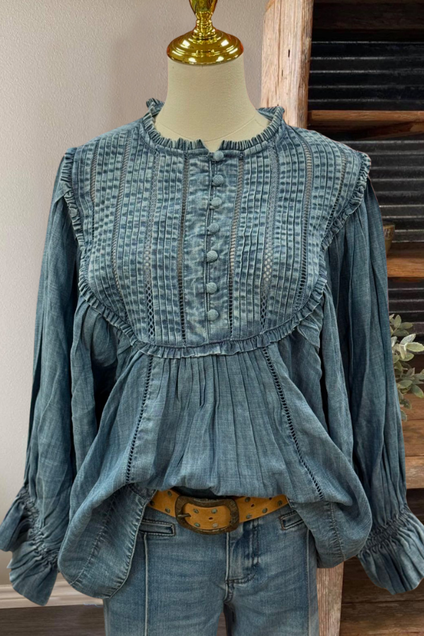 Ruffled Denim Pleated Top