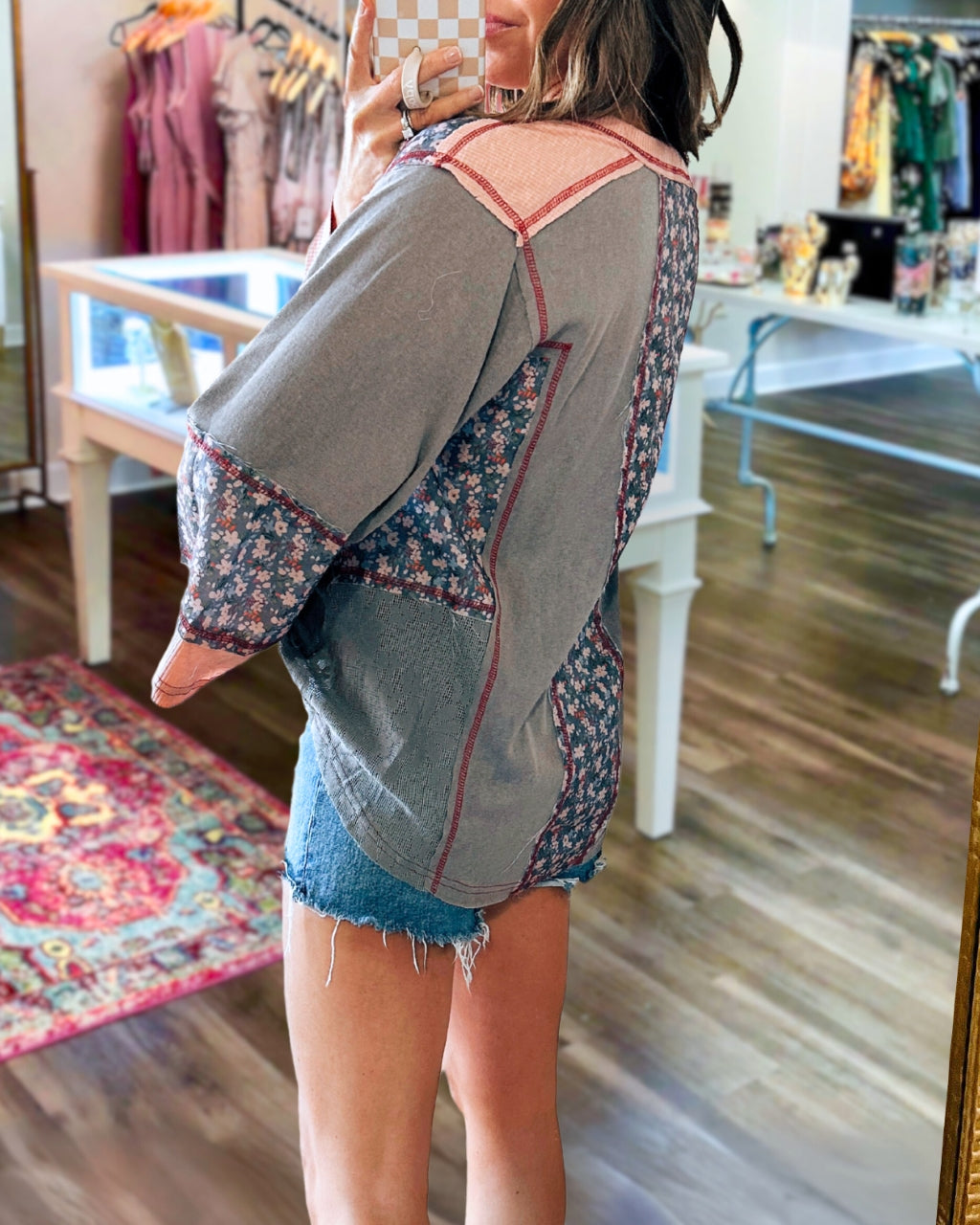 Patchwork Floral Bell Sleeve Top