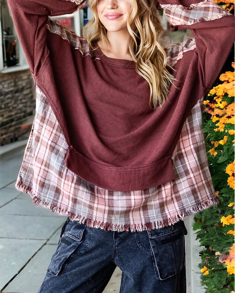 Patchwork Plaid & Waffle Knit Pullover